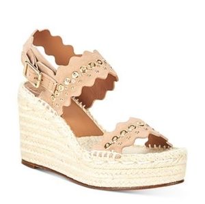 NIB CHLOE Lauren Scalloped Brown Suede Leather Espadrille Wedge Sandals sz 41